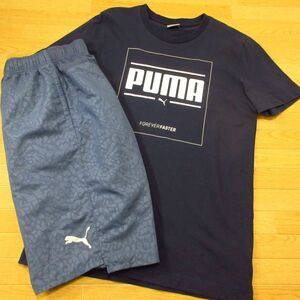 ◎使用少なめ！PUMA プーマ L 上下セット◆ジャージ / 半袖 Tシャツ&ハーフ ショートパンツ◆メンズ ネイビー系◆BA0381