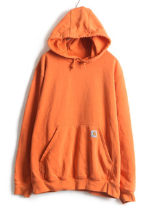 ■ カーハート 袖 プリント スウェット フード パーカー ( メンズ L ) 古着 CARHARTT トレーナー スエット プルオーバー 裏起毛 オレンジ