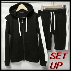 【サイドラインジップパーカーショートパンツセットアップ/BLK/M】SET UP 上下