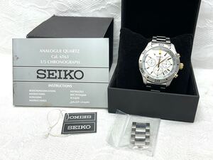 1円〜 SEIKO CHRONOGRAPH セイコー クロノグラフ 6T63-00E0 メンズ 腕時計 クォーツ 白文字盤 QZ 余り駒 コマ 純正ベルト 付属品 まとめて