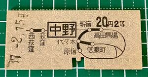 昭和37年 国鉄 硬券 地図式 乗車券（中野から2等20円区間） 中野駅発行 