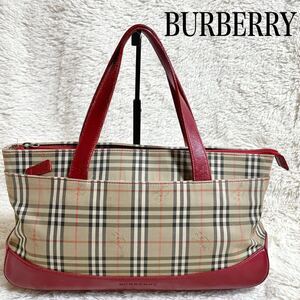 BURBERRY ノバチェック レッド ミニボストン ハンドバッグ レザー