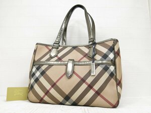 ◆美品◆BURBERRY バーバリー◆ノバチェック◆PVC カーフ レザー 本革◆トート ハンド バッグ◆ベージュ系 シルバー金具◆肩掛け◆A5285