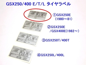 ◆GSX250E/400E/T/L タイヤラベル① ☆1/ スズキ GS25X/GJ51B/GS40X/GK51C/ザリゴキ/カタナ/KATANA/タンク/コーション/ステッカー/空気圧