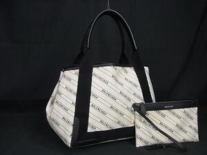 1円 BALENCIAGA バレンシアガ 339933 ネイビーカバスS キャンバス×レザー トートバッグ ハンドバッグ アイボリー系×ブラック系 FH3132