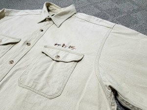 良好 ~80s USA製 黒タグ ビンテージ EDDIEBAUER エディーバウアー フライ刺繍 長袖シャツ 薄ベージュ XL アメリカ製 フライ釣り