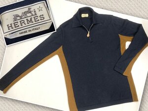 キングラム[05]HERMS[エルメス]メンズ 薄手ニットトップス ネイビー×ブラウン サイズM カシミヤ×綿 襟付きハーフジップ【送料無料】9236