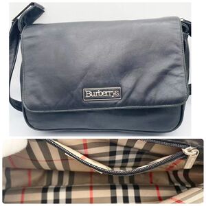 ★1円★ Burberrys バーバリー ヴィンテージ レザー メンズ ショルダーバッグ クロスボディ 斜め掛け バッグ ブラック ノバチェック