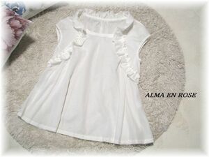 送料無料*アルマアンローズ/ALMA EN ROSE/ハナエモリ*フリルデザインプルオーバーブラウス/コットン100%/細ストライプ地/38