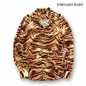 【TORNADO MART】トルネードマート シワ加工 タイガー柄シャツ 虎模様 長袖シャツ オープンカラーシャツ 光沢生地 ボタンダウン 日本製 (L)