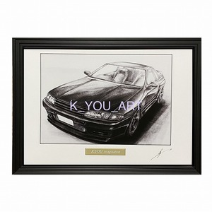 日産 NISSAN スカイライン R32 GTR【鉛筆画】名車 旧車 イラスト A4サイズ 額付き サイン入り