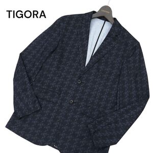 TIGORA ティゴラ 春夏 モザイク 千鳥★ 総柄 2B テーラード ジャケット Sz.M　メンズ ネイビー ゴルフ　C4T02611_3#M