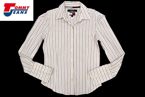 S-6091★送料無料★美品★tommy jeans トミージーンズ★正規品 ストレッチ ストライプ柄 美ライン 長袖シャツ Ｓ