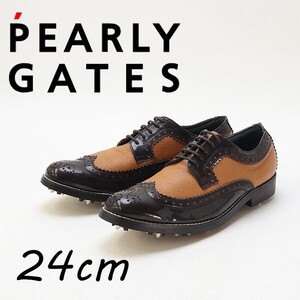 美品◆PEARLY GATES パーリーゲイツ レザー×エナメル ウィングチップ メダリオン ゴルフ シューズ ブラウン×ダークブラウン 24cm