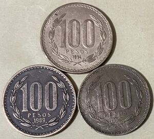 チリ　100ペソ　3枚セット　外国コイン　アンティーク　古銭　外国銭　チリコイン　海外