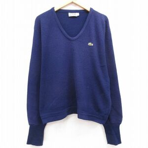 XL/古着 ラコステ LACOSTE IZOD 長袖 ブランド セーター メンズ 80s ワンポイントロゴ アクリル Uネック 紺 ネイビー 23sep28 中古 ニ