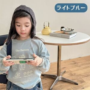 ライトブルー 80cm リブ付き カジュアル 長袖 Tシャツ キッズ 男の子 女の子 ボーイズ ガールズ 可愛い 春秋冬