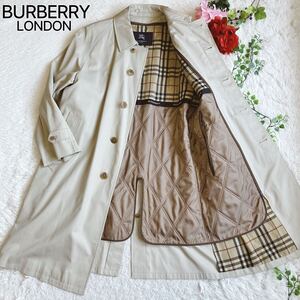 BURBERRY LONDON バーバリーロンドン★ステンカラーコート ロング丈 中綿ライナー付き ノバチェック ベージュ【大きいサイズ/比翼仕立て】