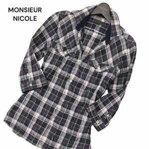 MONSIEUR NICOLE ムッシュ ニコル 春夏 7分袖 襟ポケットワイヤー★ チェック ワーク シャツ Sz.48　メンズ　C4T06273_6#A