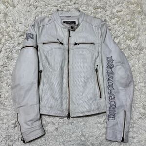 希少色 ホワイト Mサイズ Harley Davidson ハーレーダビッドソン レザージャケット シングル パンチング メッシュ メンズ 紳士服 