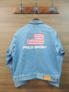 90S OLD POLO SPORT 星条旗 バックプリント デニム ジャケット 160サイズ メンズ XS-Sサイズ相当 BTS ジョングク着用 POLO RALPHLAUREN