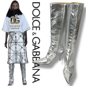 u114 新品 未使用 レア DOLCE&GABBANA ドルチェ&ガッバーナ レザー ロングブーツ シルバー メタリック サイドジップ 37 イタリア製 正規品