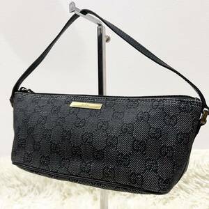 【美品】GUCCI グッチ　ハンドバッグ　アクセサリーポーチ　GG柄　黒　07198 GGキャンバス　ワンショルダーバッグ　レザー　 肩掛けかばん