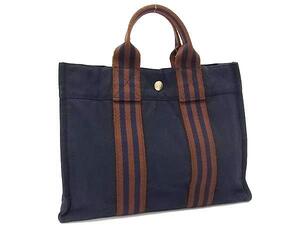 1円 ■美品■ HERMES エルメス フールトゥPM キャンバス シルバー金具 ハンドバッグ トートバッグ ネイビー系×ブラウン系 FL1659