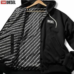 極美品/XL相当●DIESEL ディーゼル 2way リバーシブル パーカー フード ジャケット ダブルジップ ナイロン 胸元ロゴ ロゴ総柄デザイン 黒