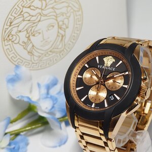 ヴェルサーチ VERSACE クロノグラフ デイト メデューサ メンズ 腕時計 箱 F287 ゴールド 中古