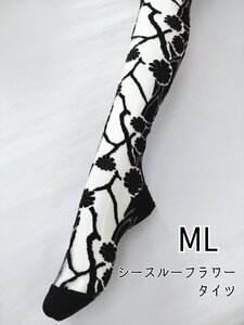 レディース タイツ シースルー フラワー ストッキング ストレッチ ML ブラック