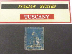 24　M　№27　イタリア切手 TUSCANY　1857-59年　SC#13　2cr　透かし有　使用済・補修跡有　【近年版SC評価 $160】　※説明欄必読