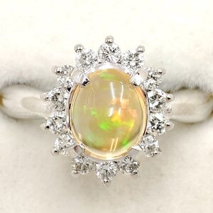 Y9080★Pt850 天然メキシコオパール 0.74ct 天然ダイヤモンド 0.30ct リング★11号 4.8g 仕上げ済み