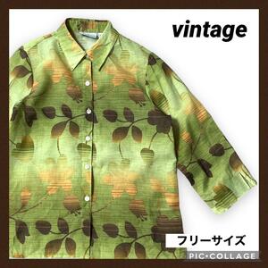 vintage 80s ポリシャツ 半袖シャツ 柄シャツ 古着 レディース 緑 ヴィンテージシャツ 長袖シャツ M レディース 送料無料 花柄 透け感