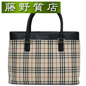 バーバリー BURBERRY ノバチェック トートバック ハンドバッグ キャンバス × レザー ノバチェック × 黒 シルバー金具 8056