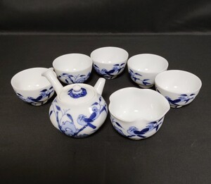 清水　道八　染付 煎茶器　急須・湯冷まし ・煎茶碗5客 セット 茶道具【美品】xy520882 