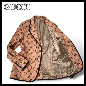 極美品● GUCCI グッチ　テーラードジャケット　ブレザー　GG柄　ジャガード　現行モデル　2XL相当　サイズ52 ブラウン　茶色　d207