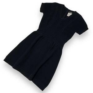 良品 正規品 CHANEL シャネル P51276 ワンピース ミニ Ｖネック 半袖 フレアスカート 柄編み ジップアップ 36 ブラック イタリア製
