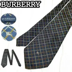 美品 BURBERRY バーバリー ネクタイ ネイビー チェック 総柄 シルク