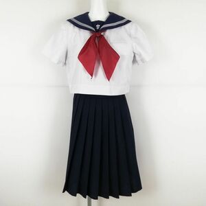 1円 セーラー服 スカート スカーフ 上下3点セット 夏物 白3本線 女子 学生服 白百合学園中学高校 白 制服 中古 ランクC EY0690