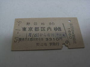 東北本線　野辺地から東京都区内ゆき　昭和50年1月6日　野辺地駅発行　国鉄