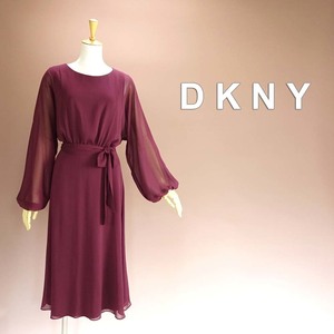 新品 DKNY 4/9号 ダナキャラン 紫 シフォン ワンピース パーティドレス 長袖 膝丈 結婚式 二次会 披露宴 フォーマル お呼ばれ 華24Q1907