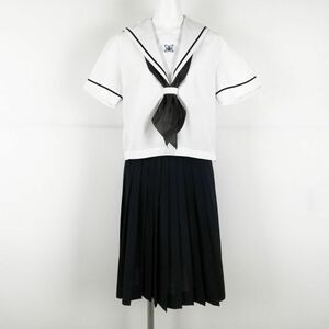 1円 セーラー服 スカート スカーフ 上下3点セット L 夏物 青1本線 女子 学生服 中学 高校 白 制服 中古 ランクC NA8780