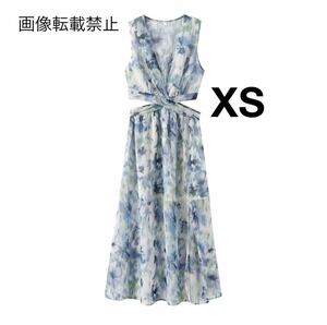 vintage ヴィンテージ レトロ 柄 ウエストカット ノースリーブ ロング ワンピース XSサイズ レディース★ZARA 好きな方に★夏新作 新品★