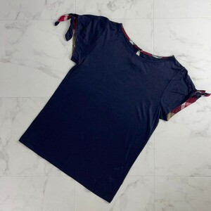 BLUE LABEL CRESTBRIDGE ブルーレーベル 袖リボンTシャツ 半袖カットソー チェック柄 トップス レディース 黒 ブラック サイズ38*TC1077