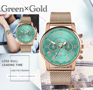 腕時計 時計 ギリシャ文字 ステンレス メッシュ アナログ メンズ クォーツ ファッション時計 男女兼用 ゴールド オシャレ グリーン　1