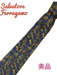 【美品 即日発送】Salvatore Ferragamo 船柄 レギュラー ネクタイ ブルー SF 総柄 プリント ヨット 海 サルヴァトーレ フェラガモ