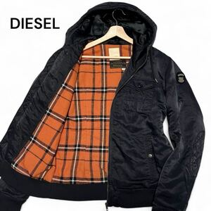 美麗品◎XLサイズ!!ディーゼル【奇跡の希少モデル】DIESEL ナイロン チェック 中綿 ジャケット ワッペン レザー 牛革 ブラック◎メンズ