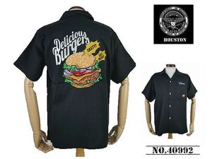 【送料無料 39%OFF】HOUSTON ヒューストン 刺繍ボウリングシャツ (ボーリングシャツ) 「BURGER」柄 NO.40992 BLACK_Mサイズ