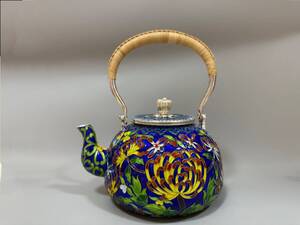 時代 純銀製 花模様七宝焼 トンボ飾り 湯沸 工芸品 古美術品 銀瓶 煎茶道具 重量1001g